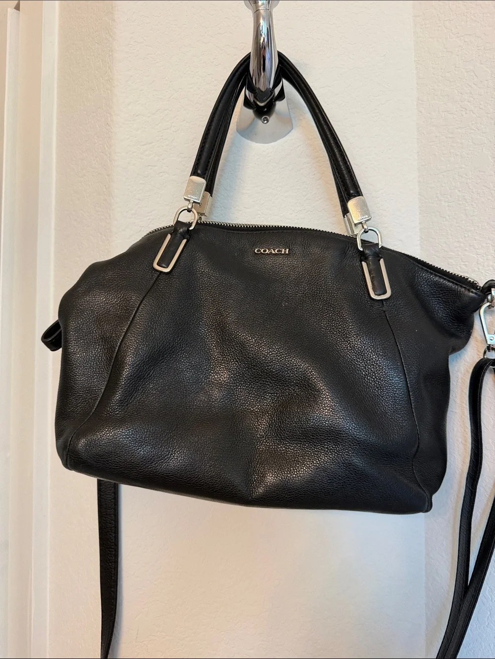 Coach Black Pebbled Leather Convertible Shoulder Bag with Silver Hardware